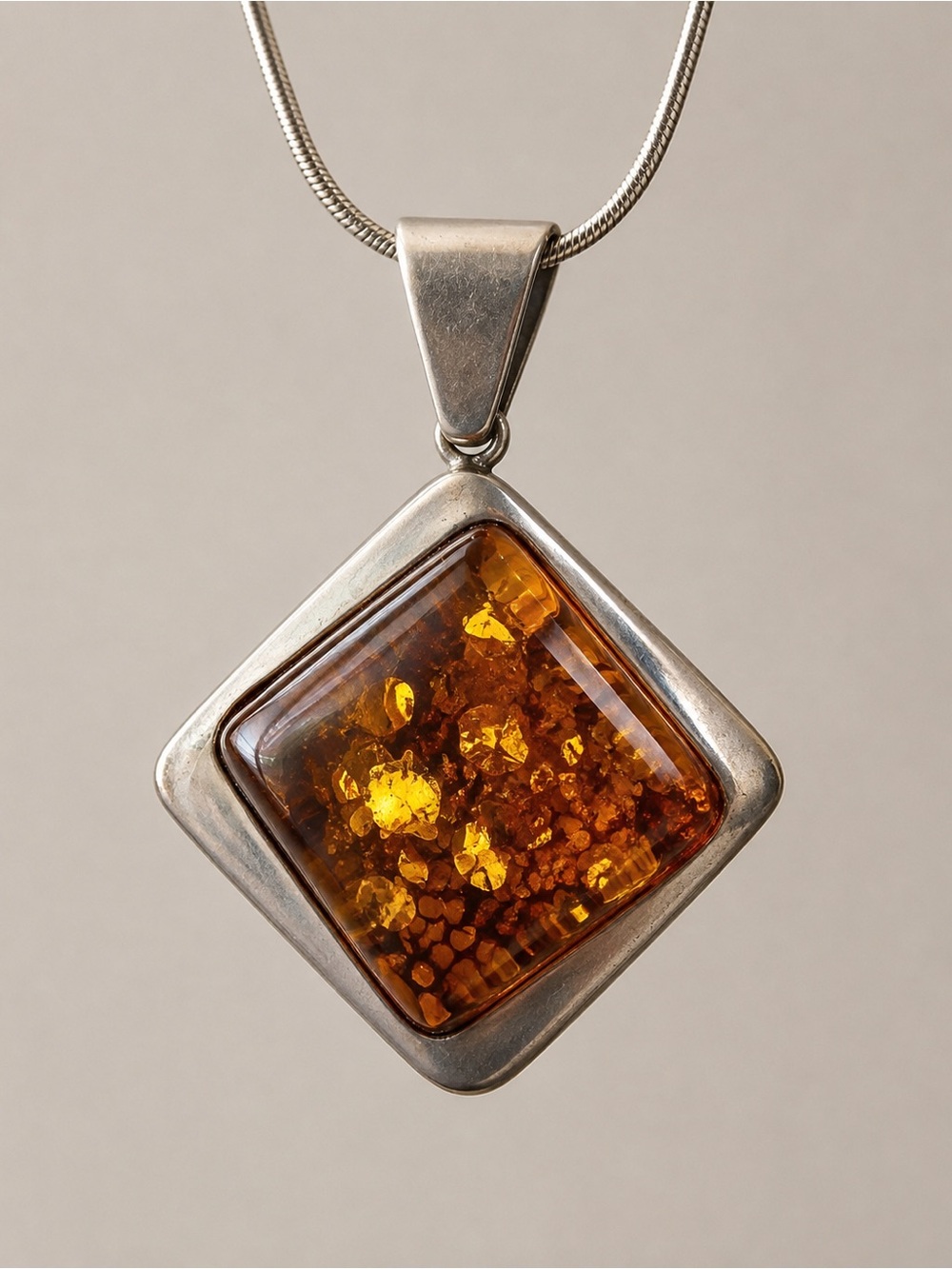 Baltic Amber Sterling Silver Necklace 16” Modern Geometric Pendant 925